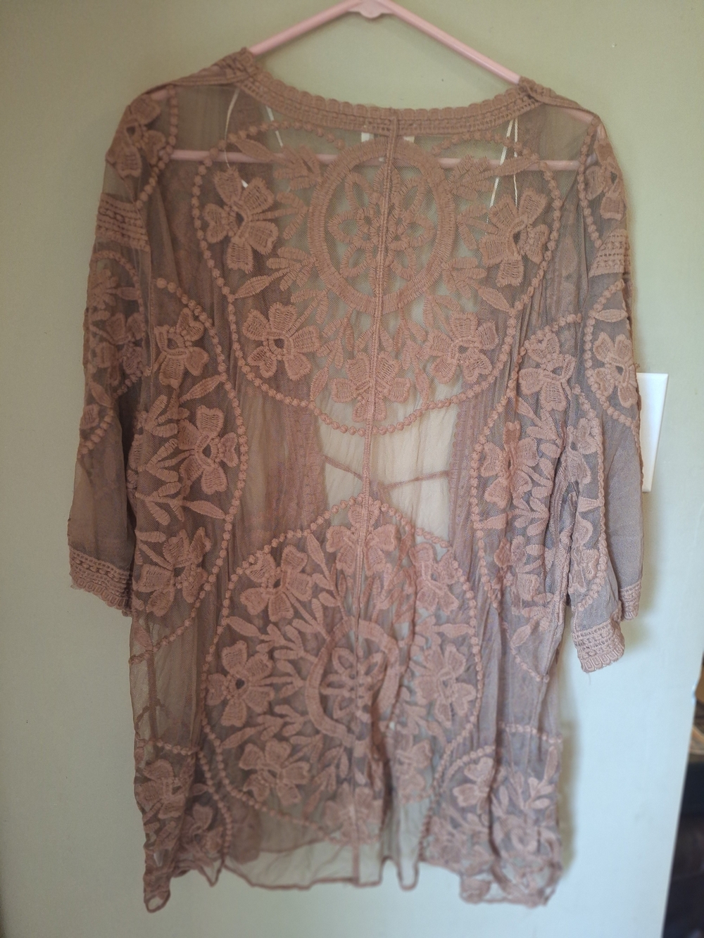 Umgee Boho Lace Sheer Kimono Top Cardigan Brown S